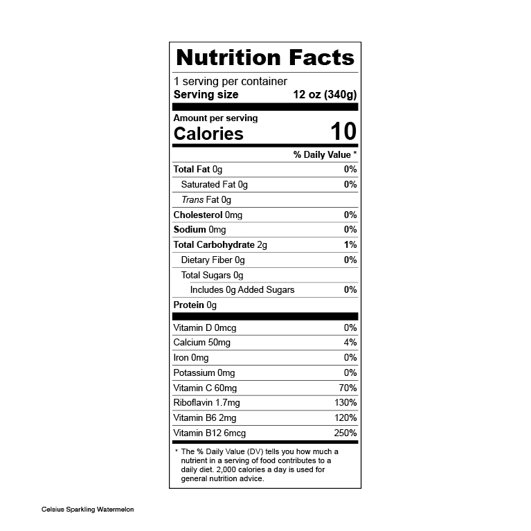 Celsius Sparkling Watermelon nutrition label