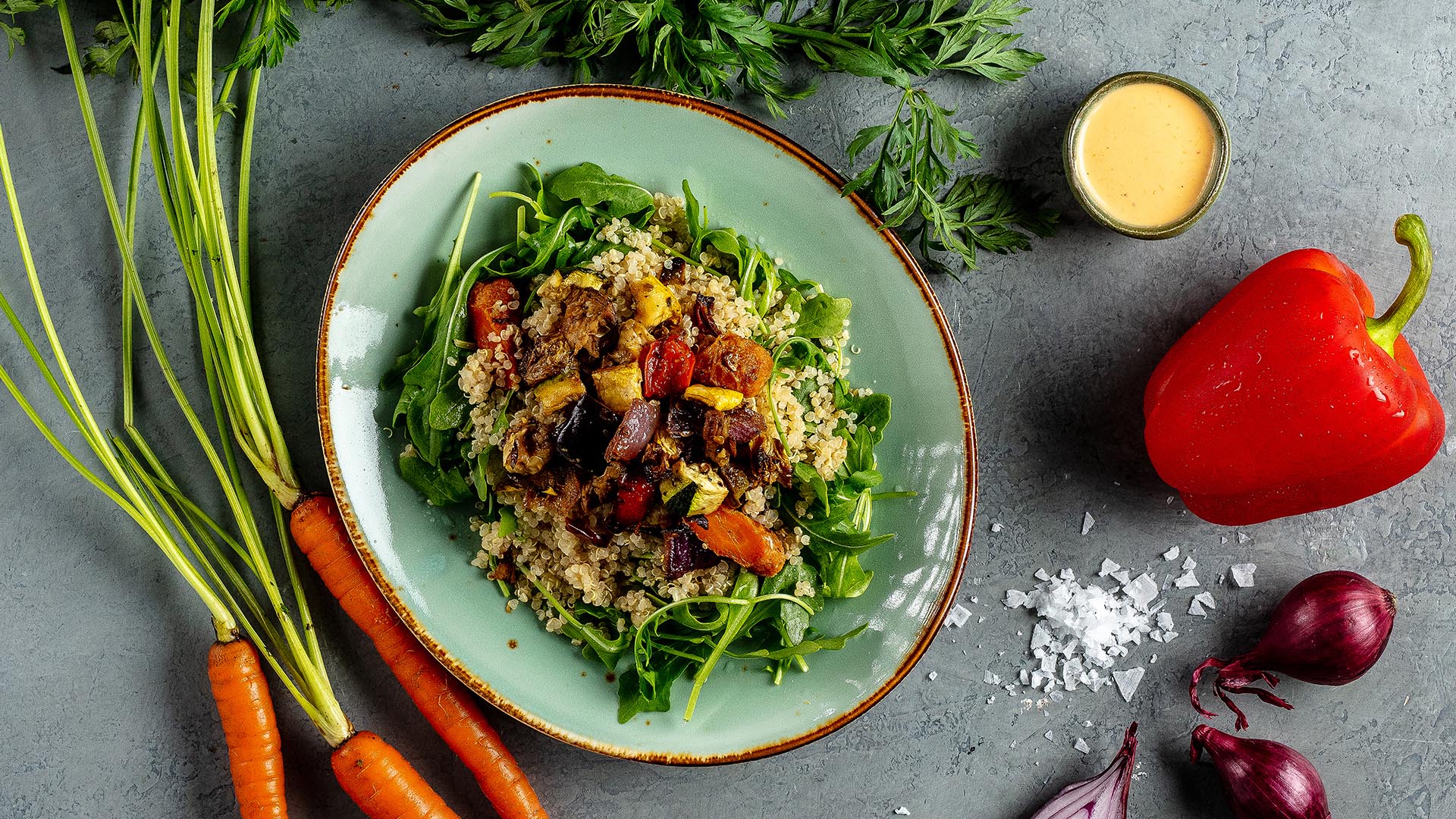 roasted vegetable quinoa bowl on plate